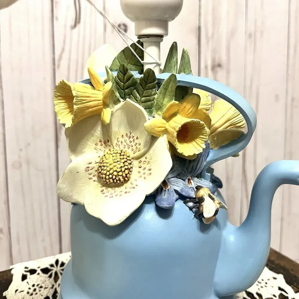 Marjolein Bastin Blue Floral Teapot Table Lamp w Shade, Ceramic Novelty Design
